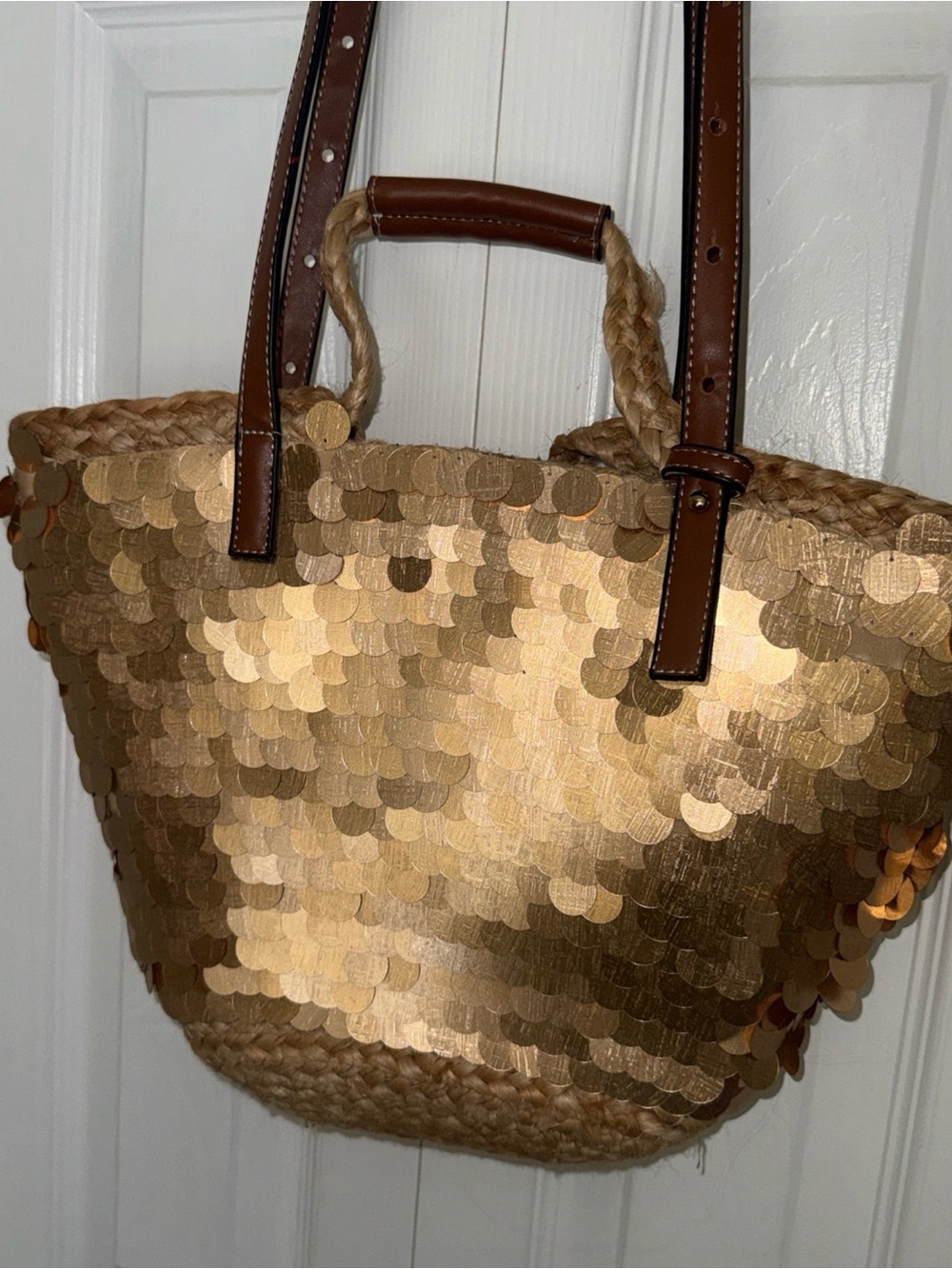 Zara Gold Sequin Straw Tote with Brown Handles - Picture 6 of 11